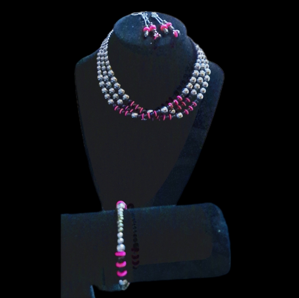 Pink and Silver/ Black handmade choker